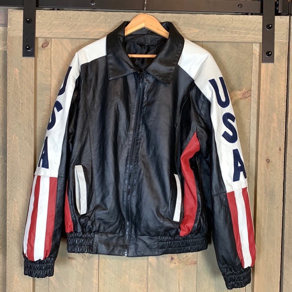Men's Black and White Leather Jacket with American Flag Design